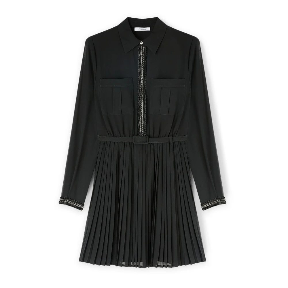 Motivi Vrouw Zwart Kleedjes Dames, L, Polyester, Korte Geborduurde Jurk Met Geplooide Rok