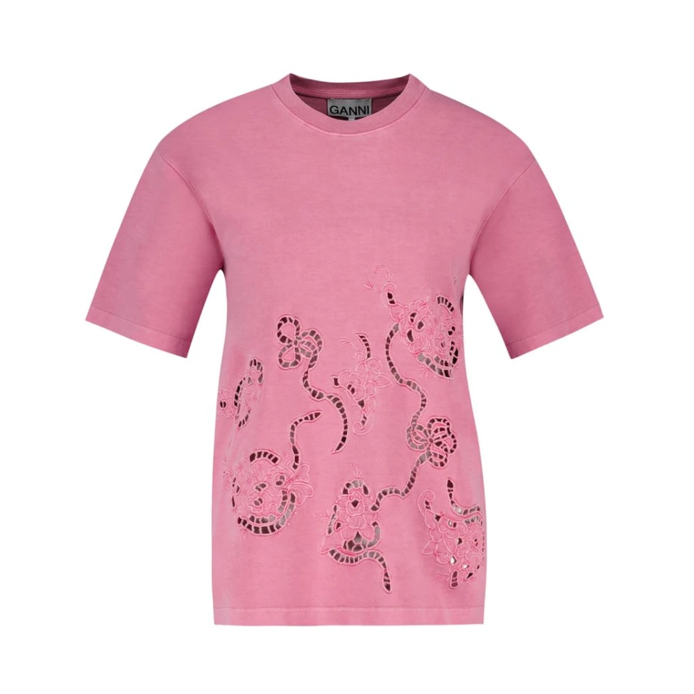 Ganni Pink T-Shirts, Female, L, Embroidery Anglais T-Shirt