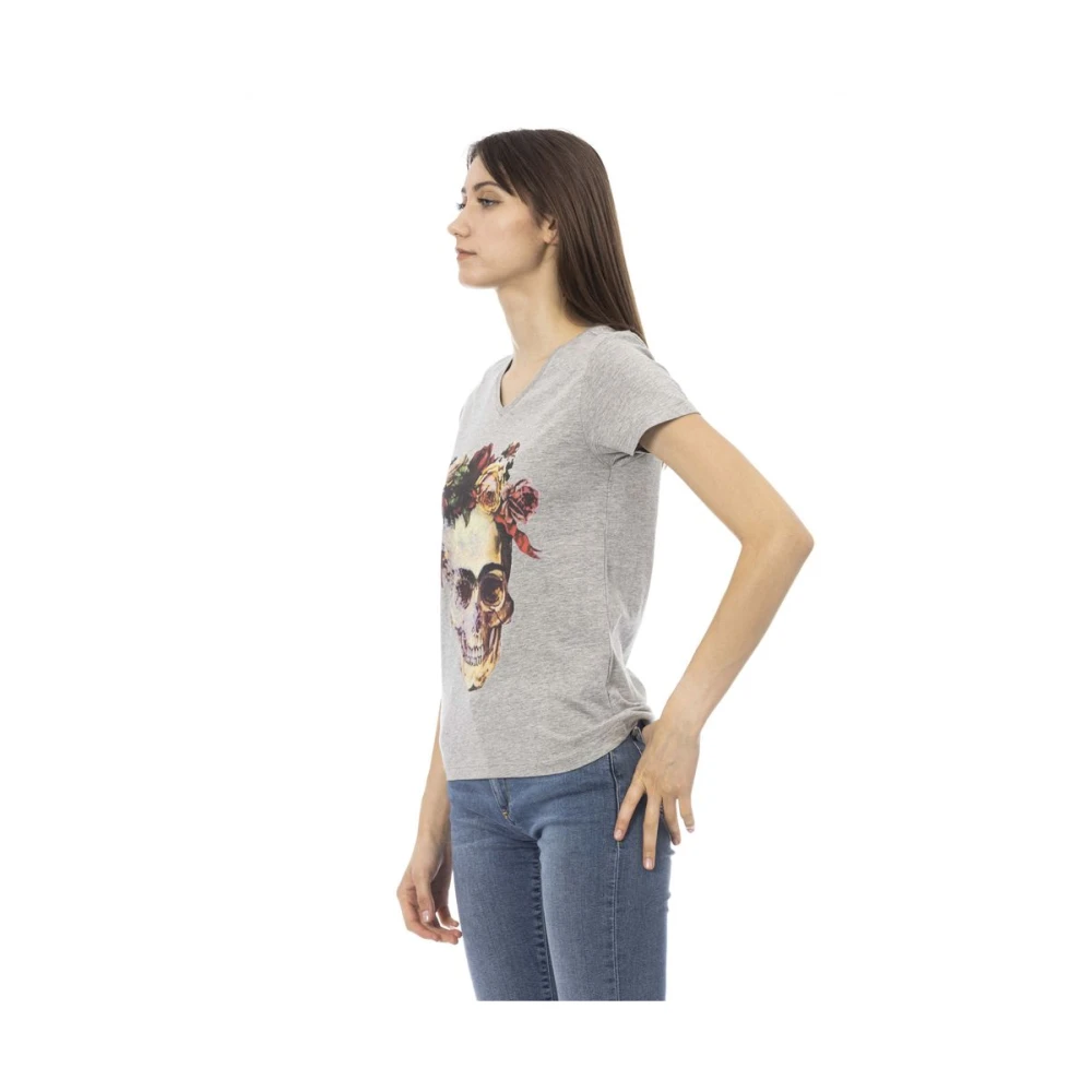Trussardi Grijze Katoenen V-hals T-shirt met Front Print Gray Dames