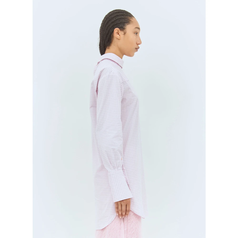 Dries Van Noten Geruit Motief Katoen Poplin Hoge Hals Shirt Pink Dames