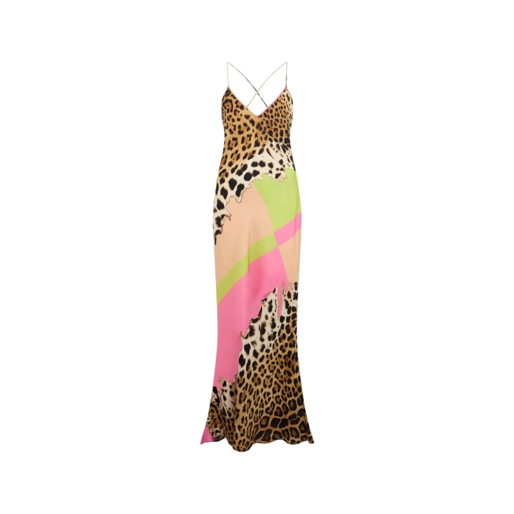 Roberto Cavalli Multicolor Gowns, Female, L, Long Silk Dress With Cavalli Pop Print