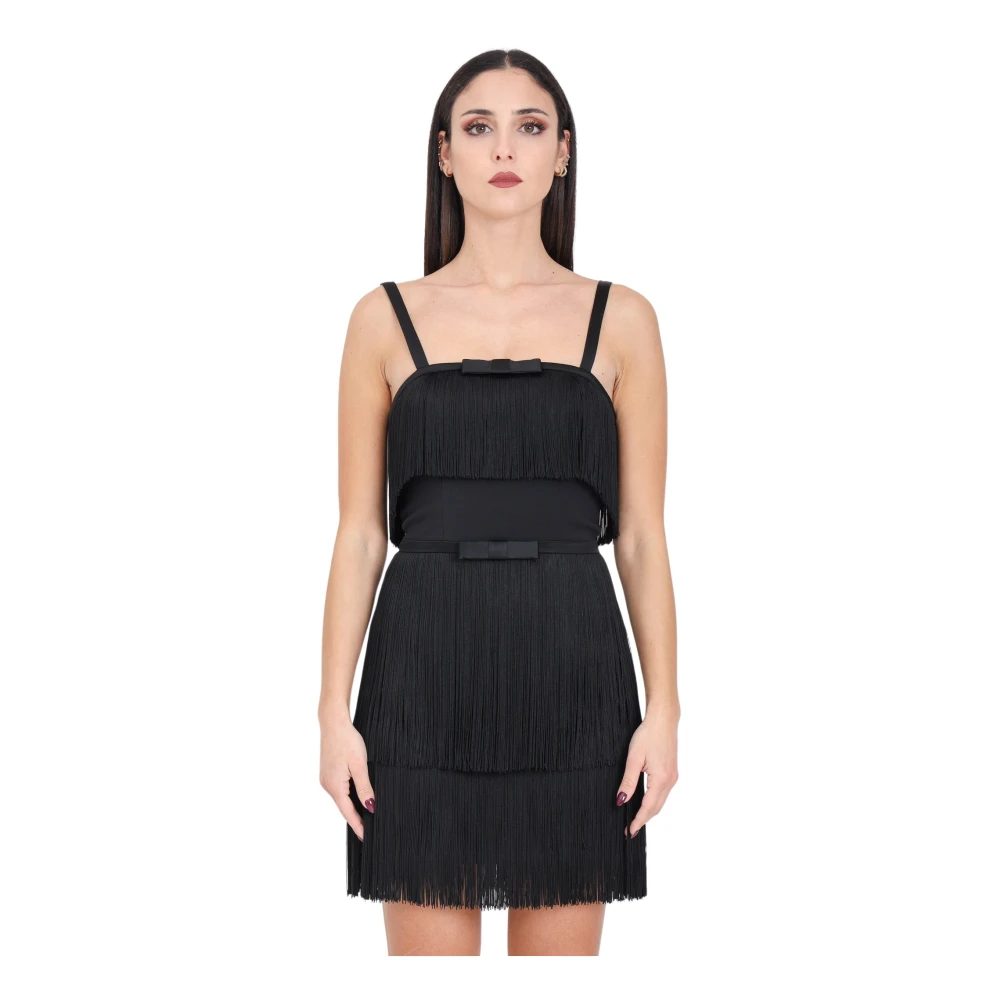 Elisabetta Franchi Zwarte franje ruche mini jurk Black Dames