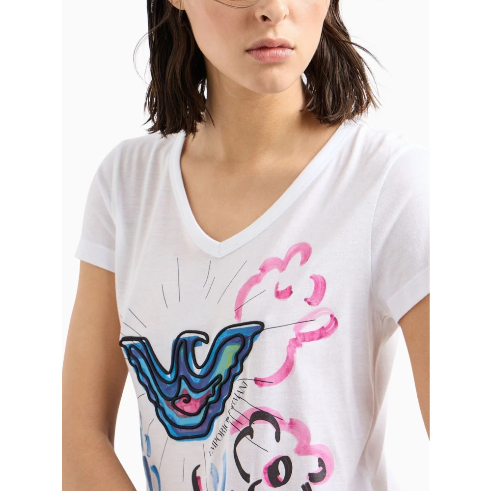 Emporio Armani Grafische Print V-hals T-shirt White Dames