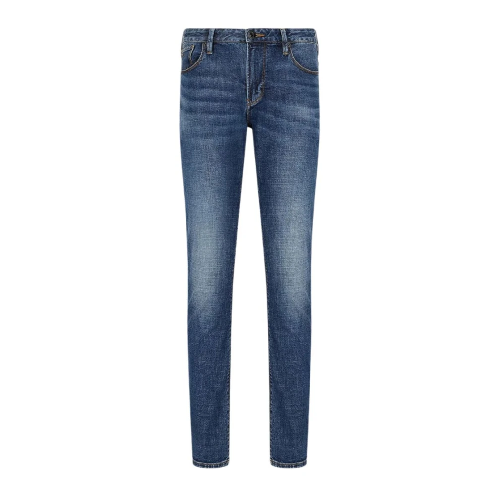 Emporio Armani Slim Fit Denim Jeans met Leren Logo Blue Heren