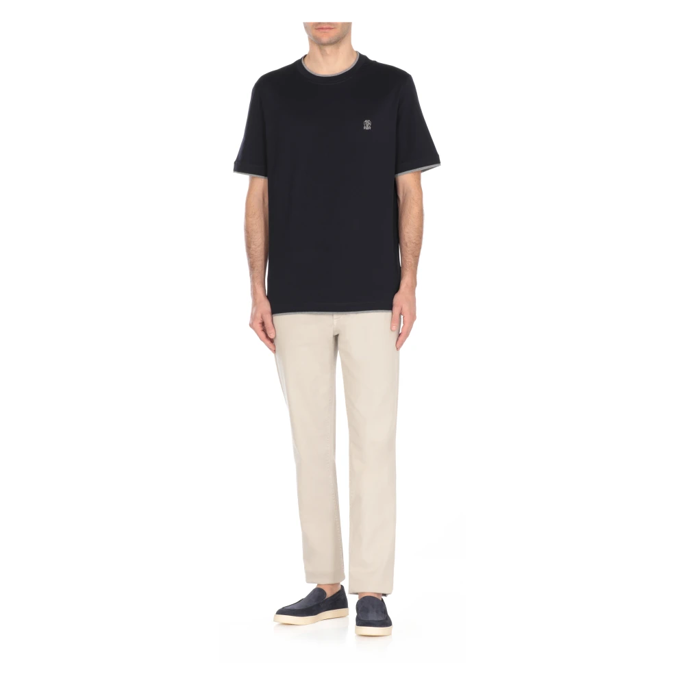 BRUNELLO CUCINELLI Blauw Katoenen T-shirt Ronde Hals Korte Mouwen Blue Heren