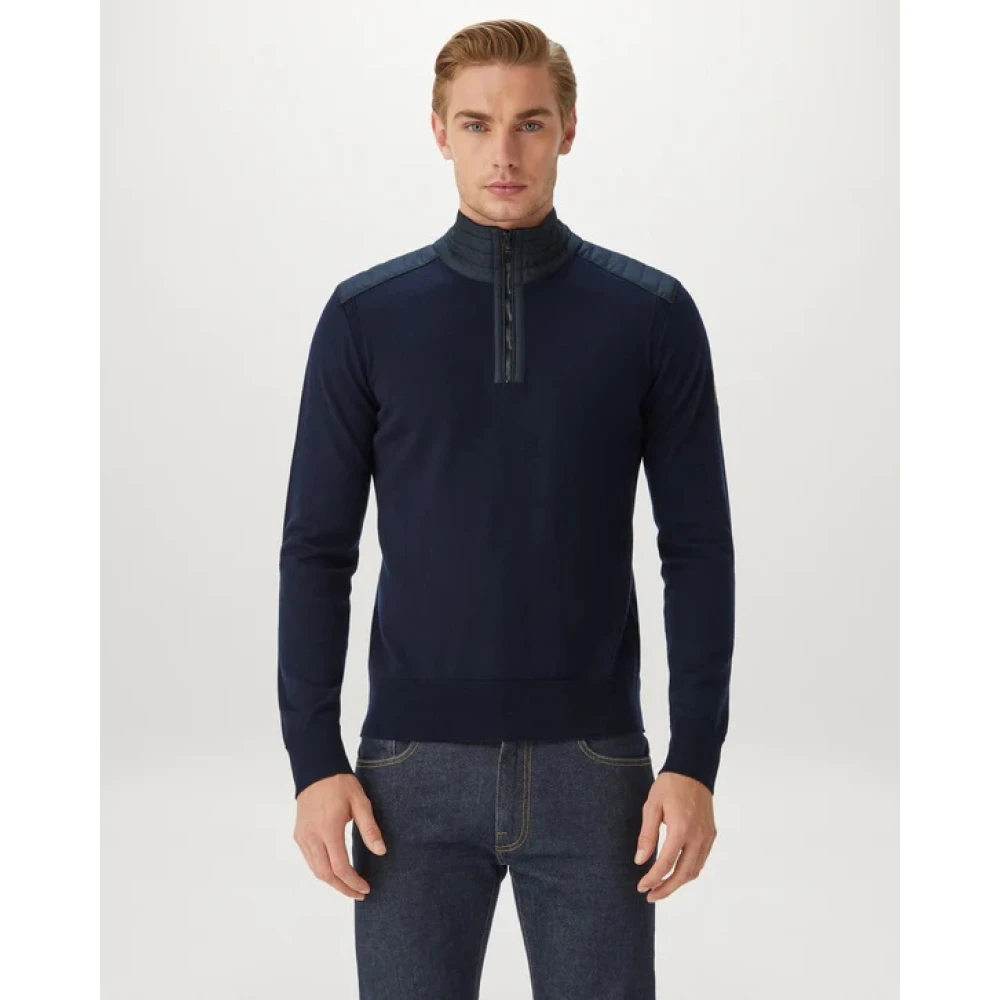 Belstaff Merino Quarter Zip Jumper met Textuur Nylon Panelen Blue Heren