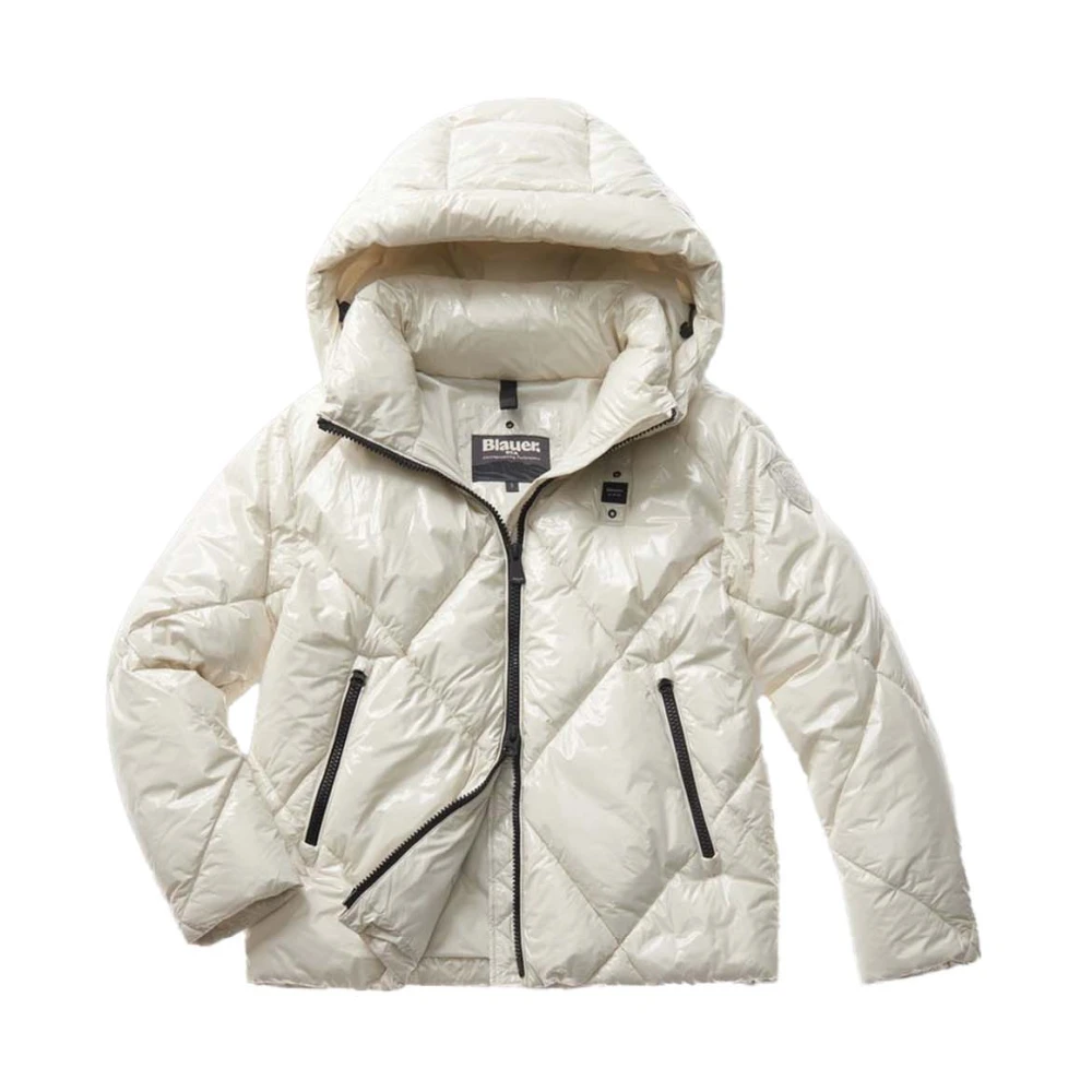 Blauer Nylon Gewatteerde Gevoerde Winterjas White Dames