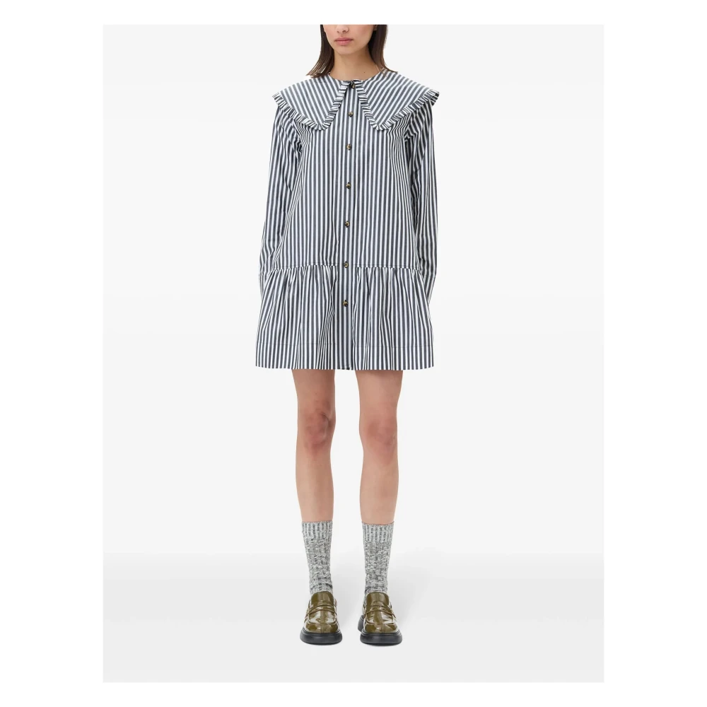 Ganni Gestreepte Grote Kraag Mini Overhemdjurk Black Dames