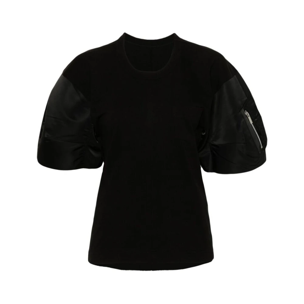 Sacai Zwart Katoenen Panelen Ronde Hals T-shirt Black Dames