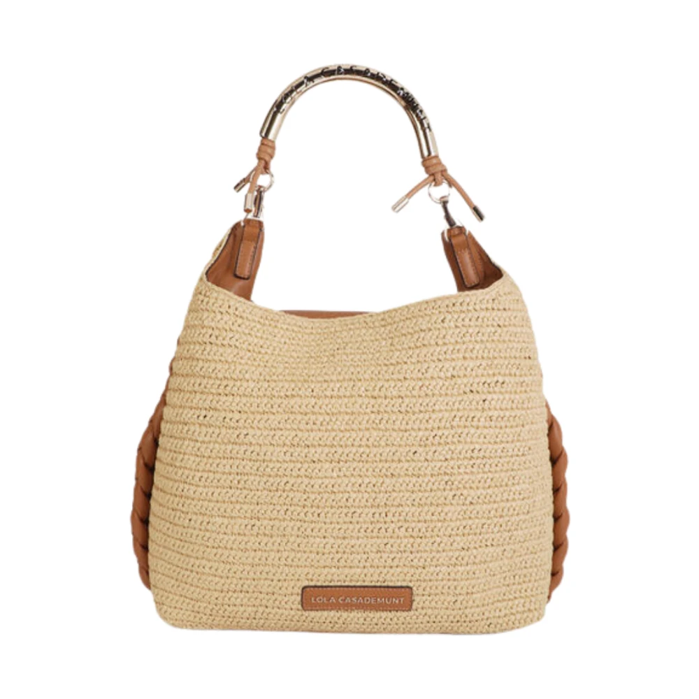 Lola Casademunt Beige Raffia-Effect Contrast Tote Bag With Cutwork Logo Strap - Female - Handbags - One Size - Bags
