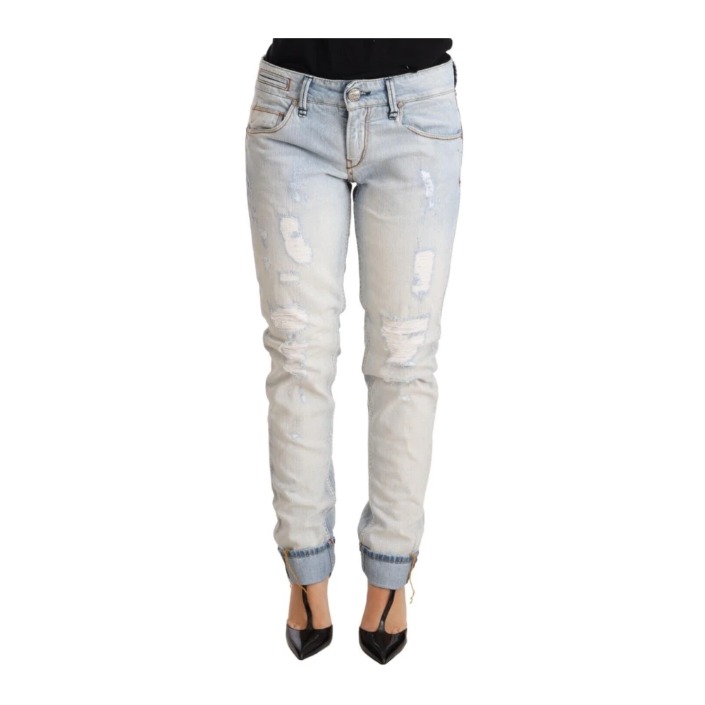 Acht Women's Blue Distressed Cotton Folded Hem Denim Trouser Jeans