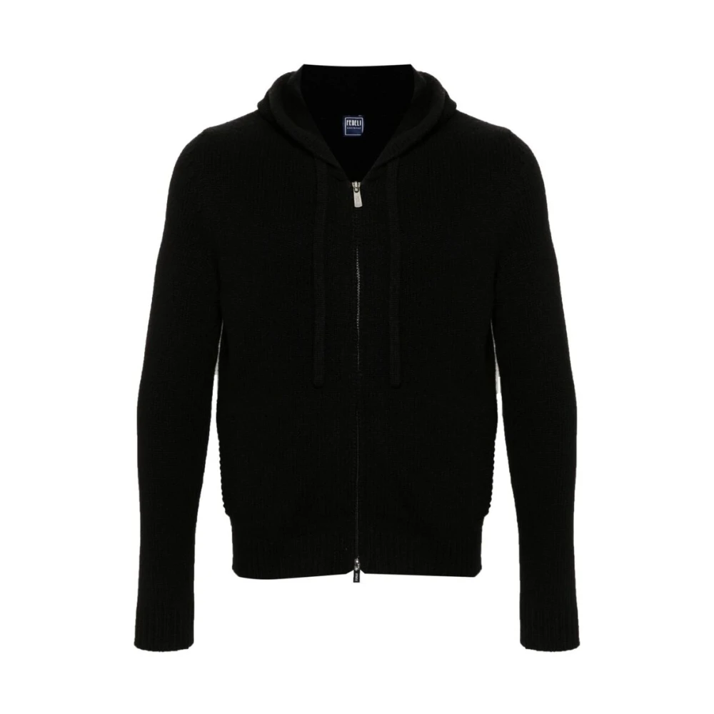 Fedeli Zwarte Kasjmier Gebreide Hoodie Rits Trui Black Heren
