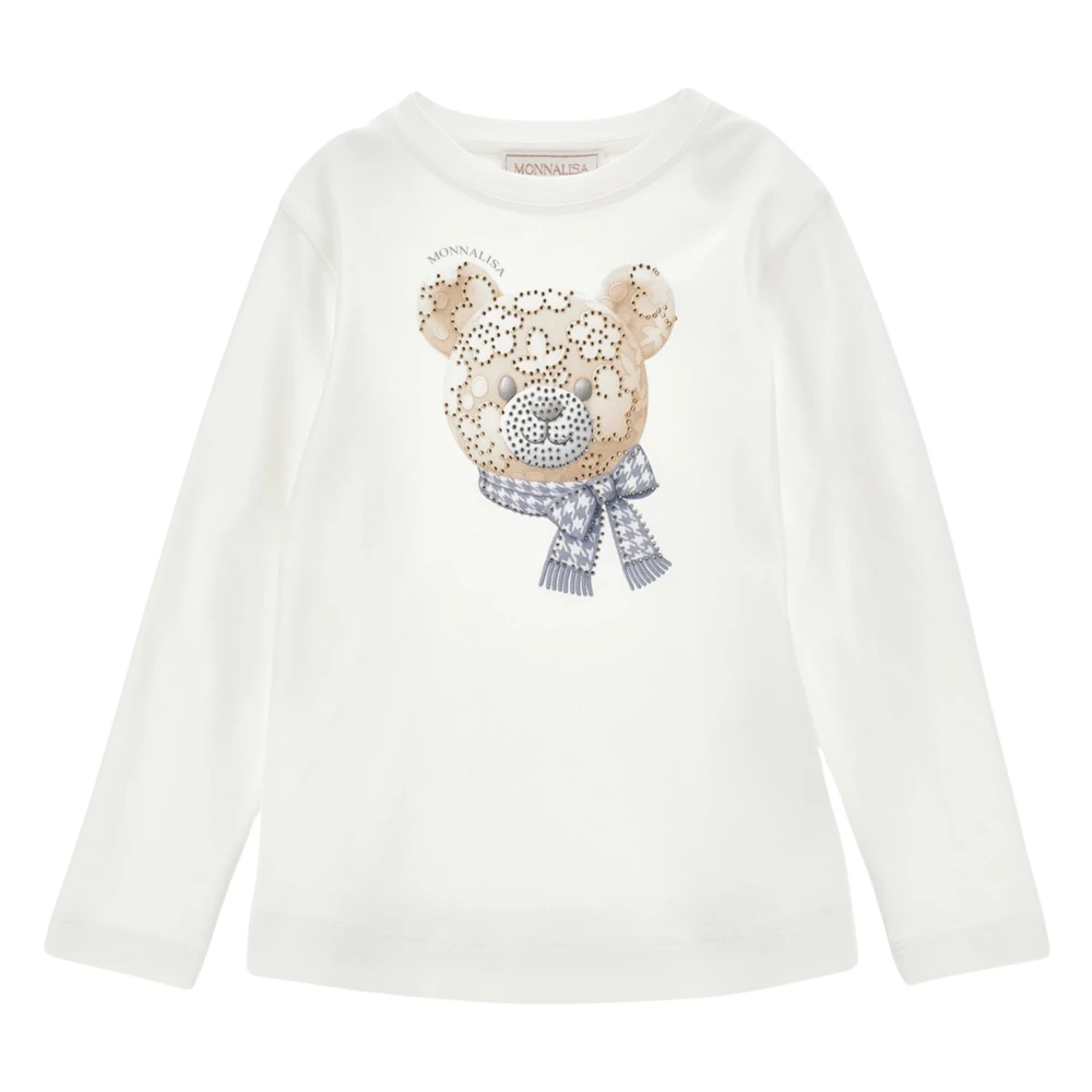 Monnalisa Girls Flower Bear Long Sleeve T-Shirt In Ivory - Unisex - Kids Short Sleeve T-Shirts - White - 5 Y | 110 Cm - Kids