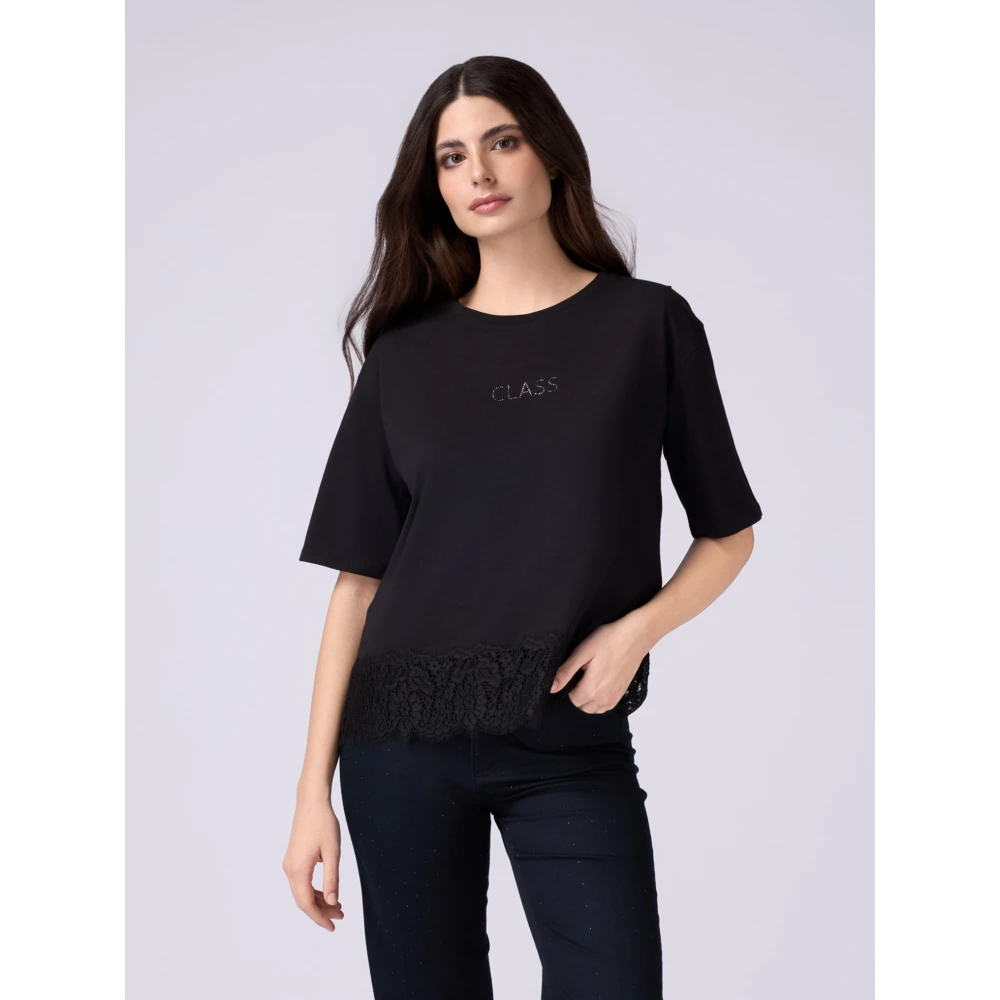 Oltre T-shirt met kant en letterapplicatie Black Dames