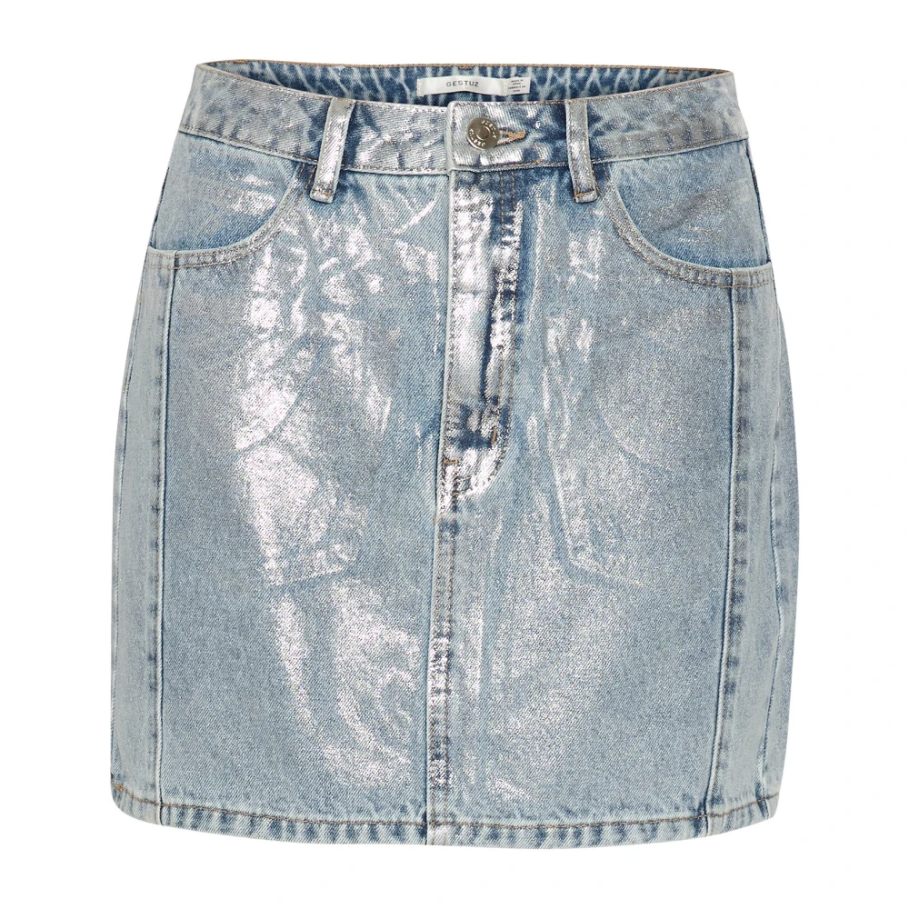 Gestuz Metallic Denim Korte Rok Coated Blauw Blue Dames