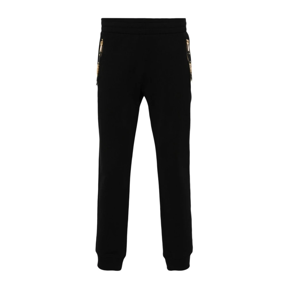 Moschino Zwarte broek met merkritssluiting en goudkleurige hardware Black Heren