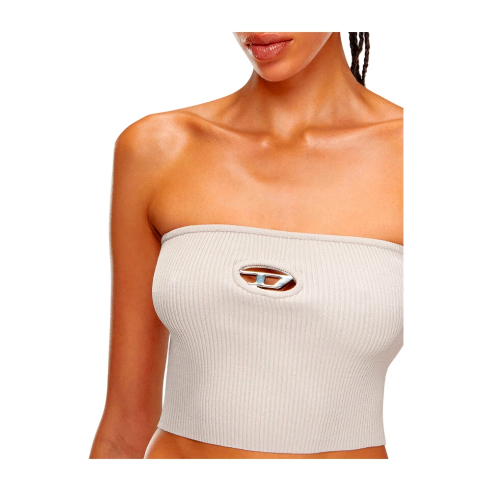 Diesel Geribbelde Casual Top met Ovaal Logo White Dames