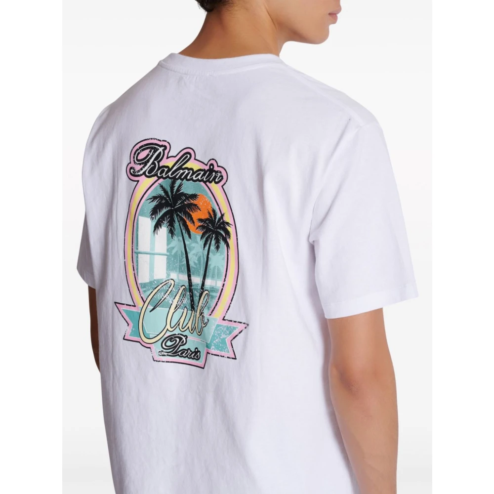 Balmain Palmboom Logo Print T-shirt White Heren