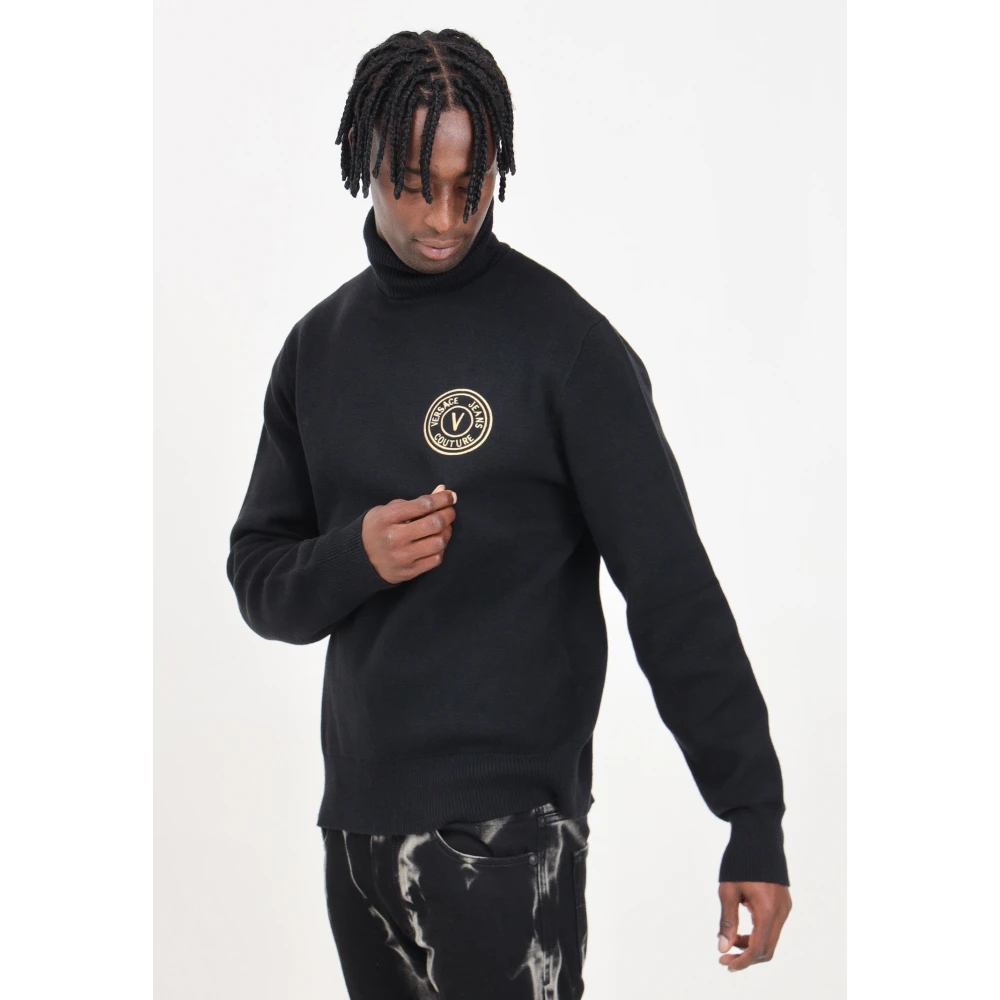 Versace Jeans Couture Zwarte trui met V-embleemlogo met hoge hals Black Heren