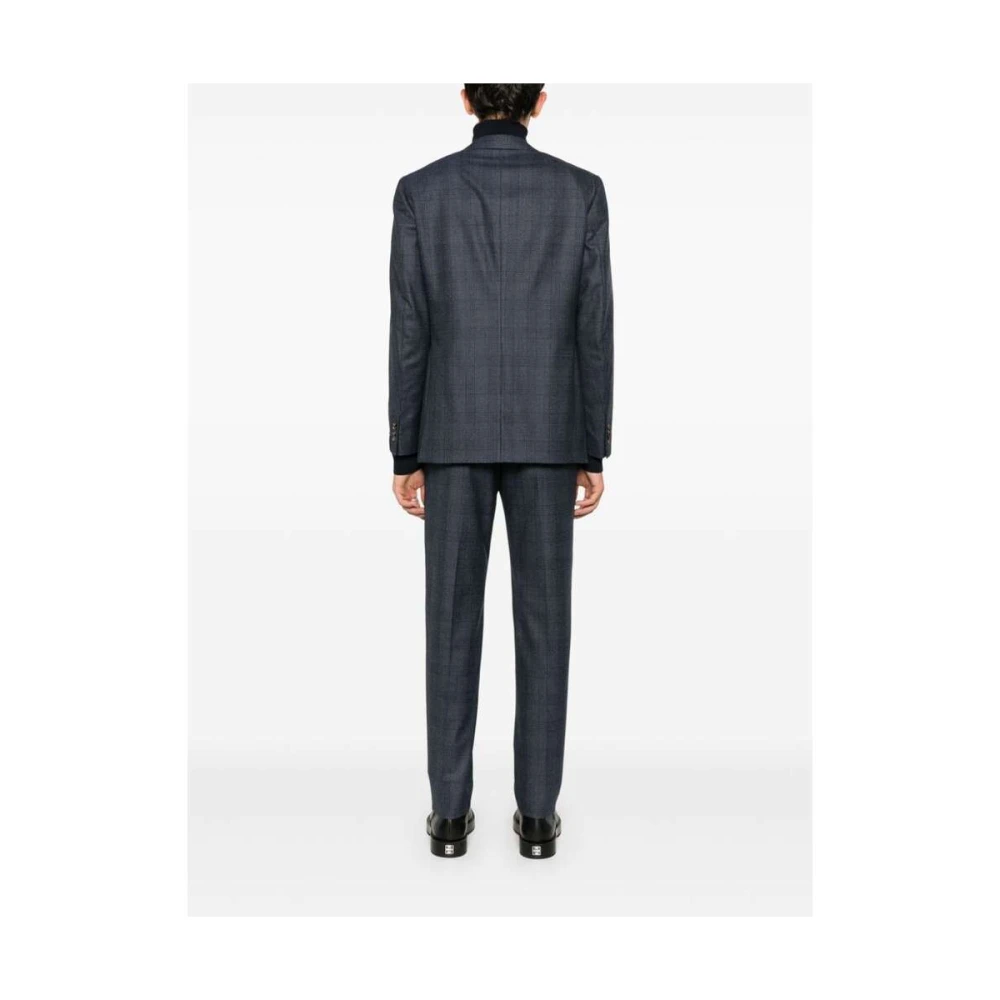 Caruso Navy Blue Wool Plaid Check Suit Blue Heren