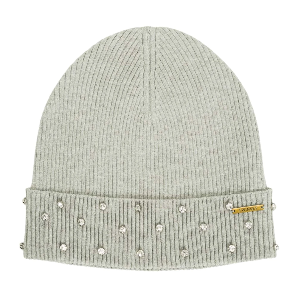 Twinset Gray Accessories, Female, One Size, Grey Knit Hat With Jewel Embellishments