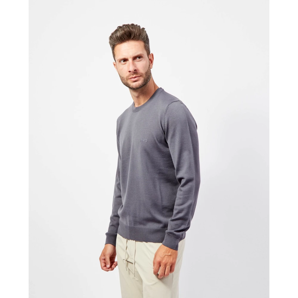 Hugo Boss Grijze Crewneck Sweater Geborduurd Logo Gray Heren