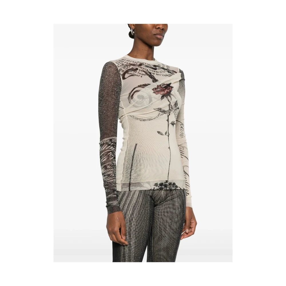 Jean Paul Gaultier Ecru Crew Neck Sweater met Gedrapeerd Detail Multicolor Dames