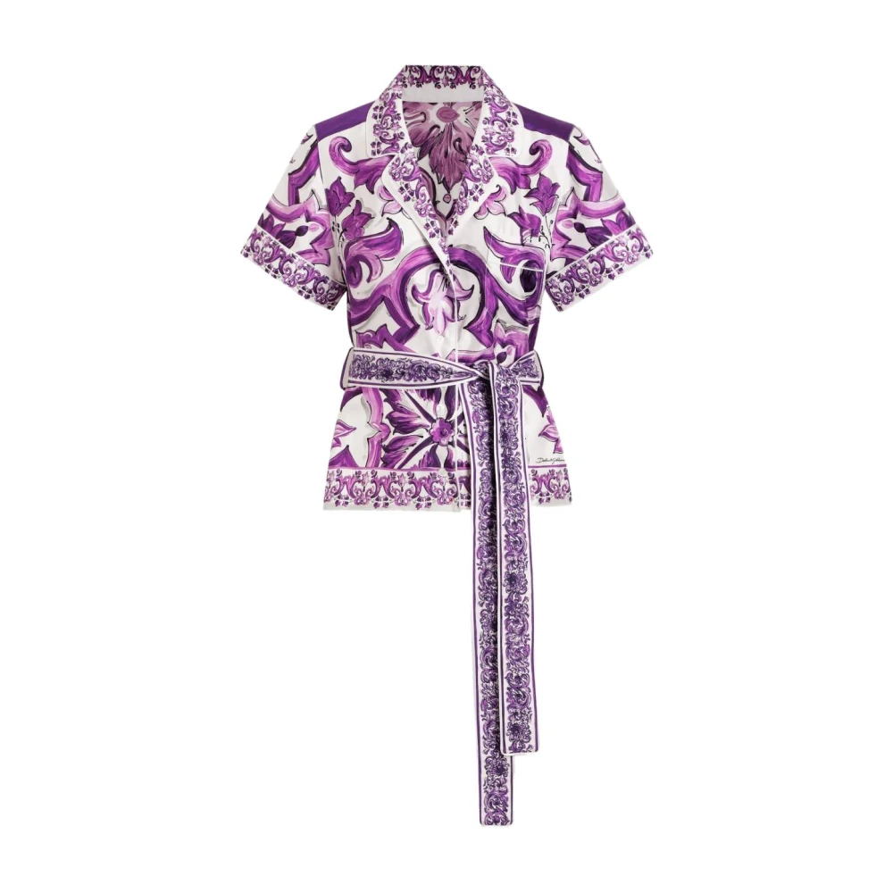 Dolce & Gabbana Multicolor Maiolica Silk Shirt White/Purple Print - Female - Kimonos - S - Blouses & Shirts