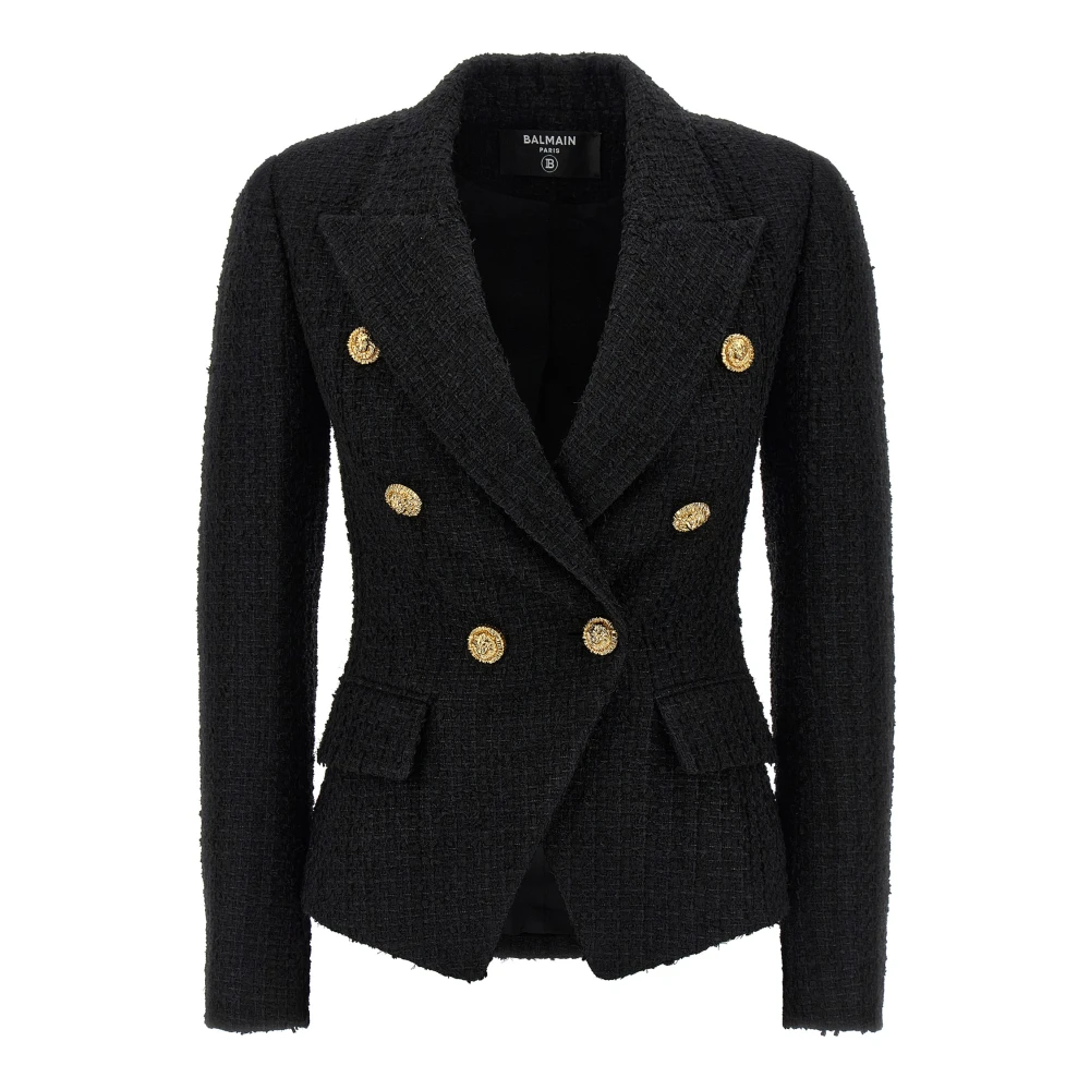 Balmain Women's Black Double-Breasted Tweed Blazer - Blazers - L - Jackets