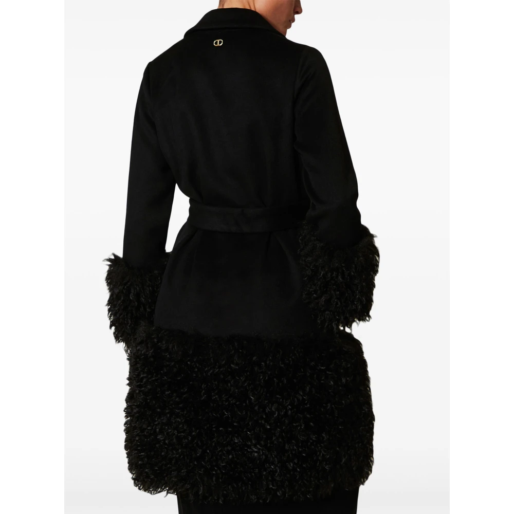 Twinset Zwarte wollen jas met bontafwerking Black Dames