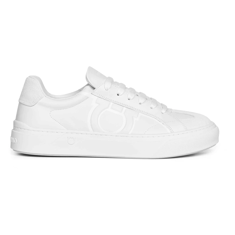 Ferragamo Men's White Sneakers, 9 Uk, Gancini Leather Trainers