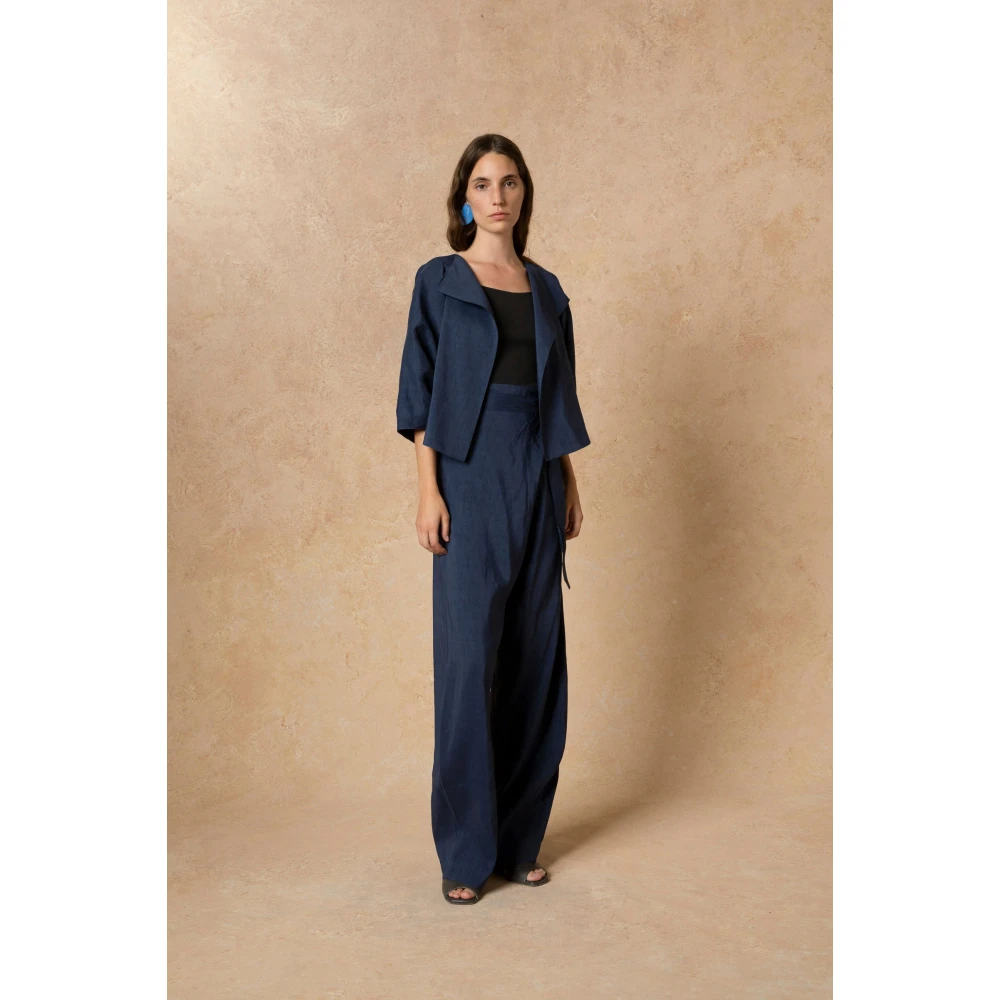 Cortana Wikkel Linnen en Cupro Broek Blue Dames
