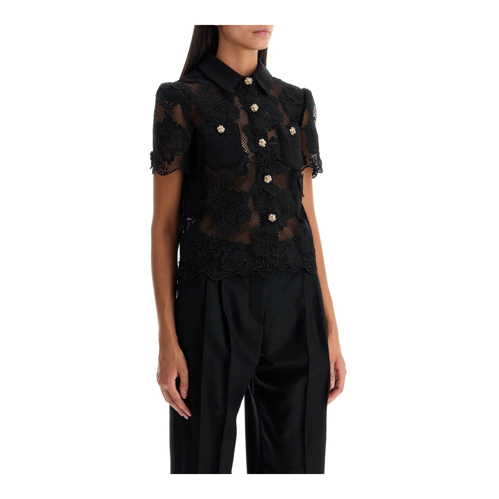 Self Portrait Kanten shirt met rozenknopen Black Dames