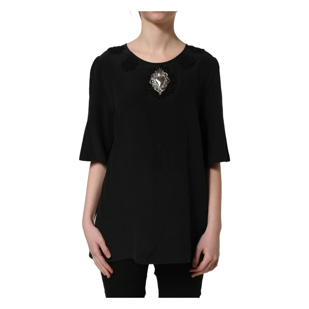 Dolce & Gabbana Women's Black T-Shirts, M, Floral-Appliqué Silk Blouse