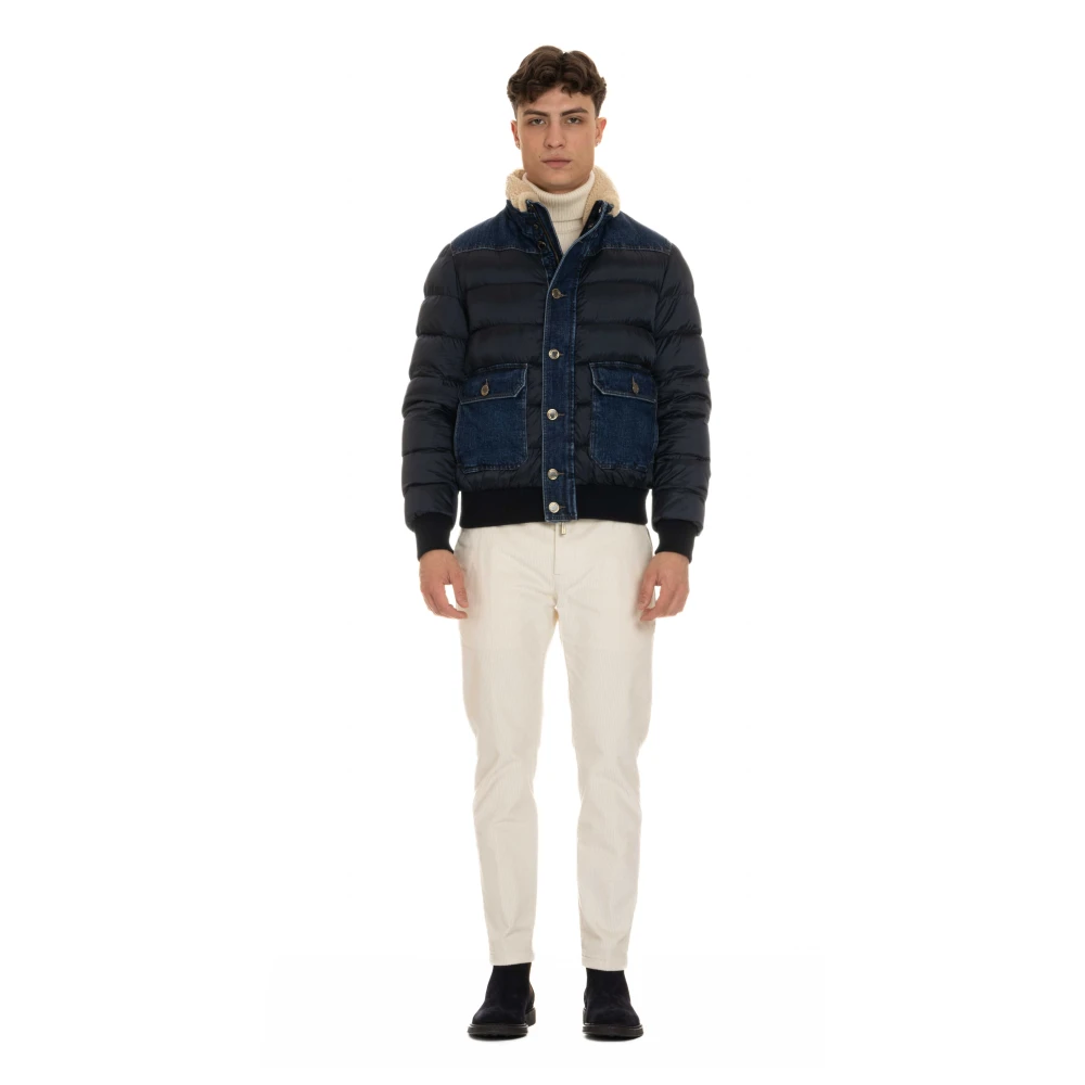 Moorer Blauwe Puffer Bomber met Denim Details Blue Heren