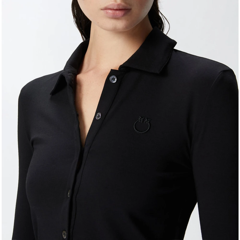 pinko Zwarte polo met lange mouwen en Love Birds borduursel Black Dames