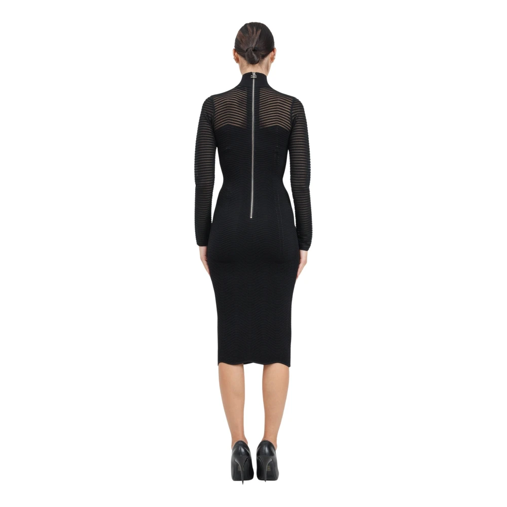 Elisabetta Franchi Zwarte Chevron Midi Jurk met Transparante Mouwen Black Dames