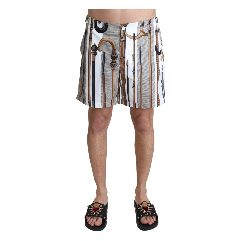 Dolce & Gabbana Men's White Walking Stick Beachwear Shorts Swimshorts