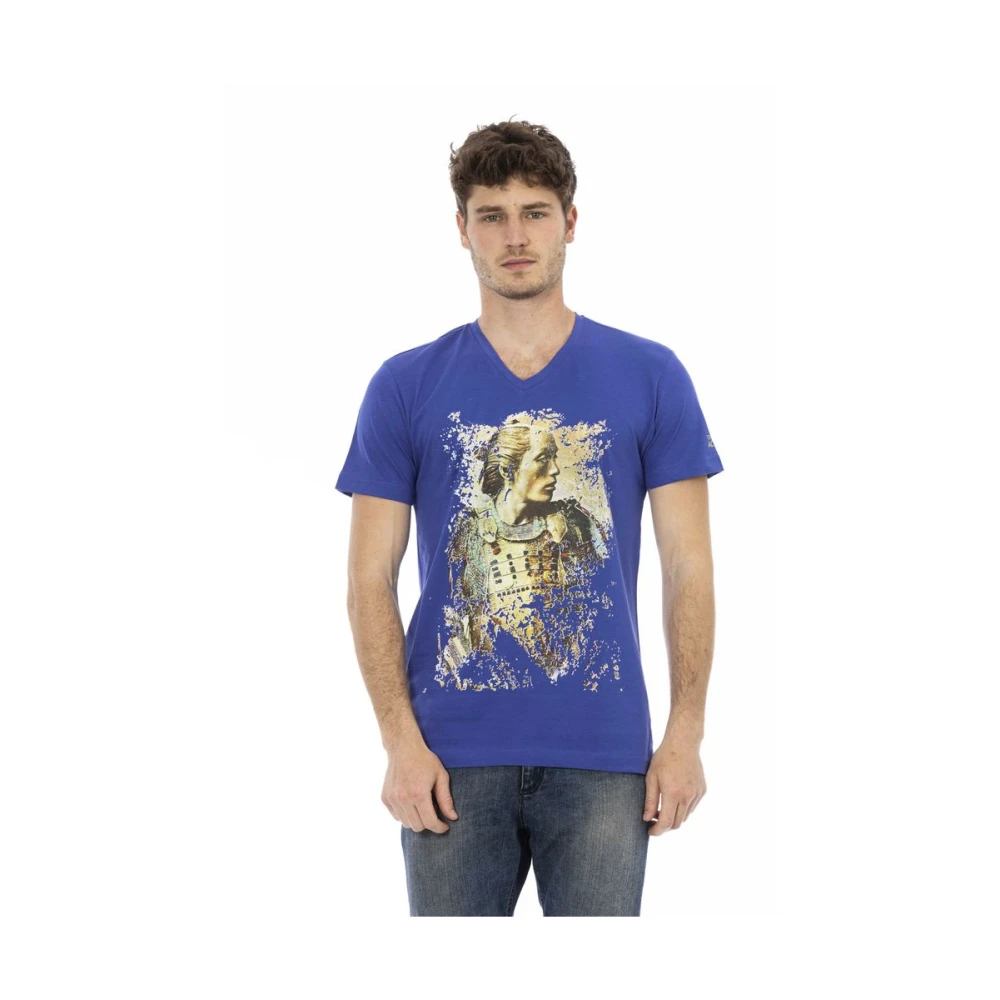 Trussardi Men's Blue T-Shirts, M, Elegant V-Neck Tee With Frontprint