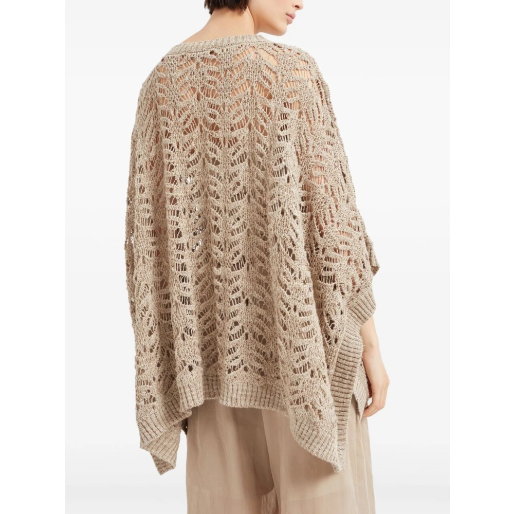 BRUNELLO CUCINELLI Beige Pailletten Gebreide Poncho Trui Beige Dames