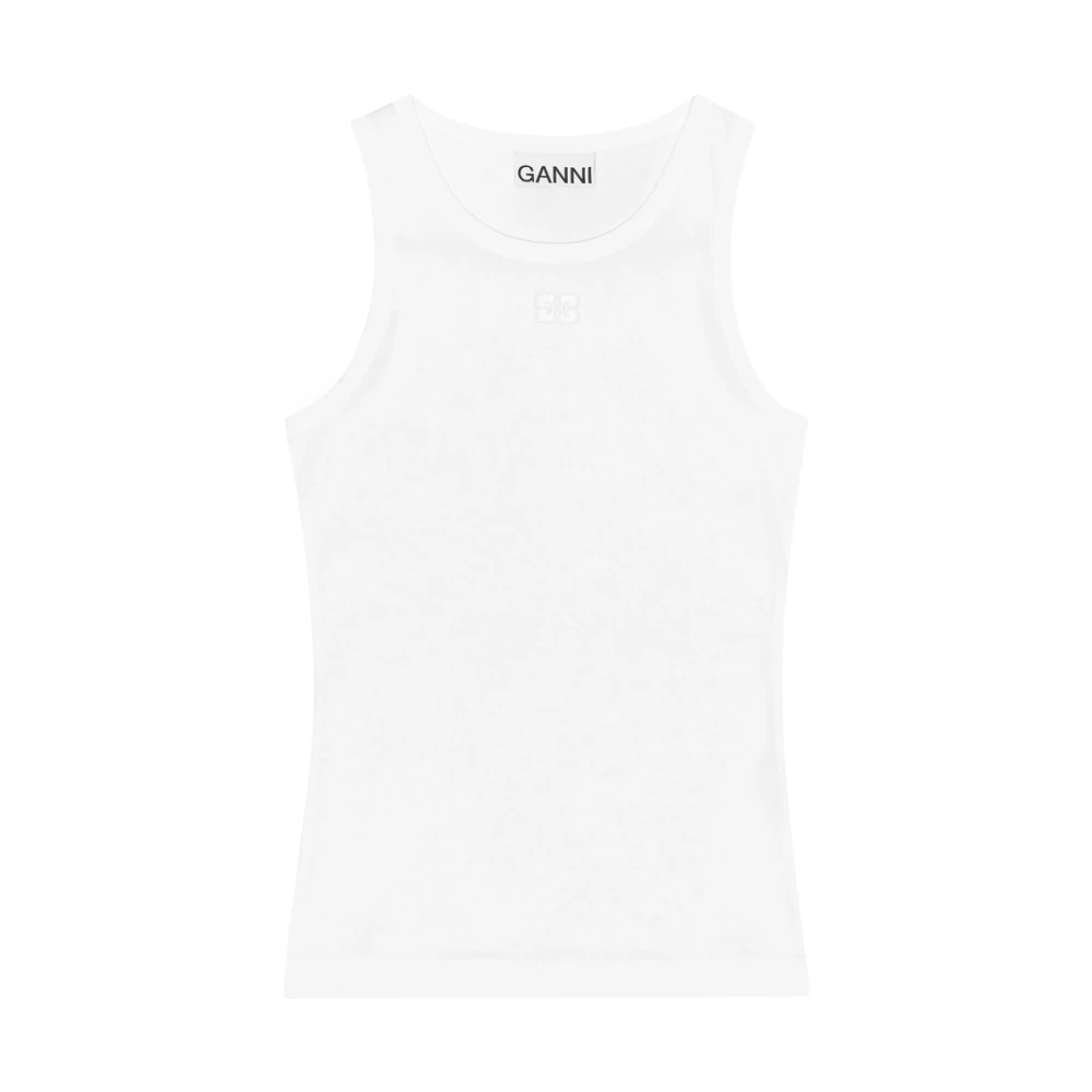 Ganni Women's White Cotton Logo Appliqué Sleeveless Top