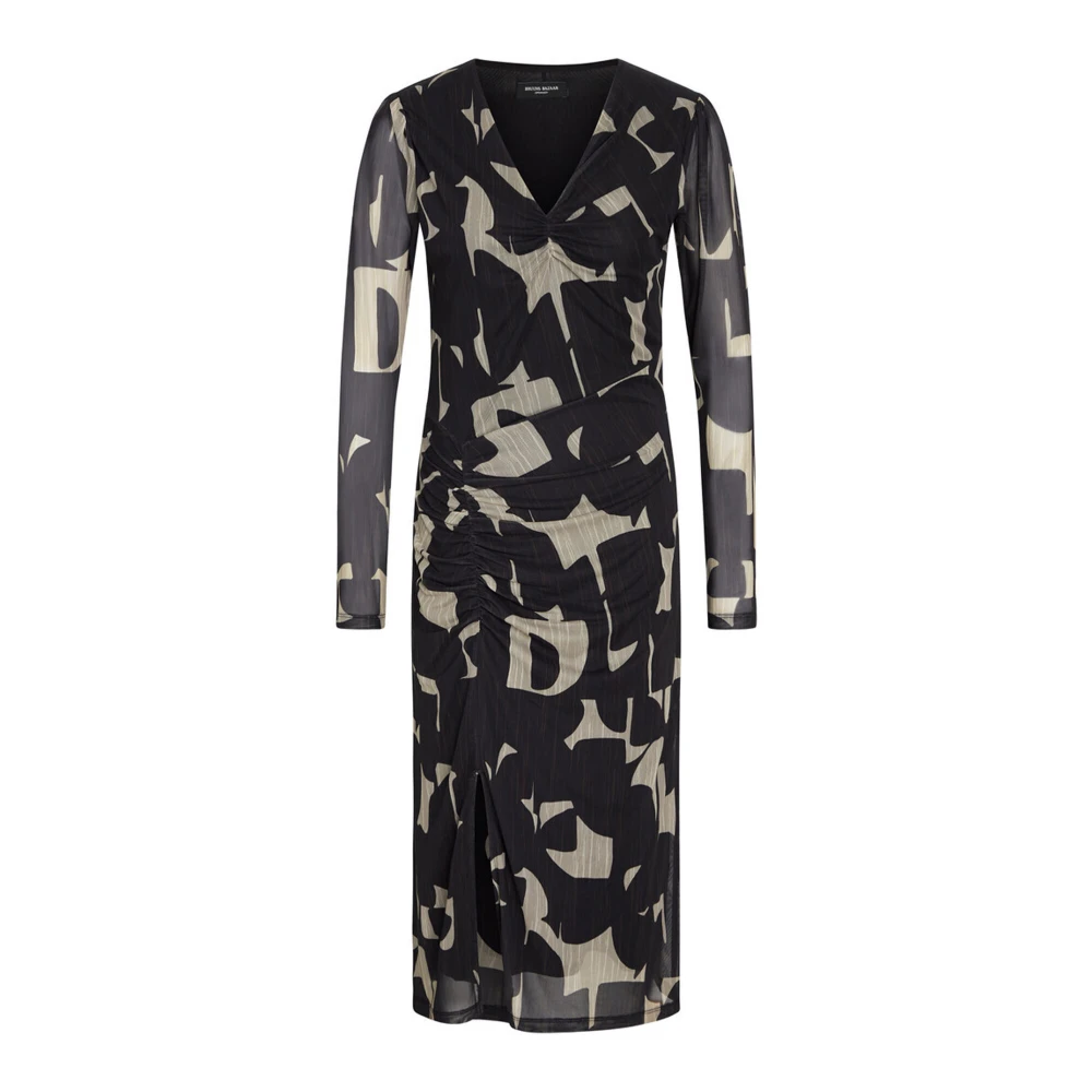 Bruuns Bazaar Mesh Jurk met Gedrapeerde Effecten Zwart Zand Print Black Dames