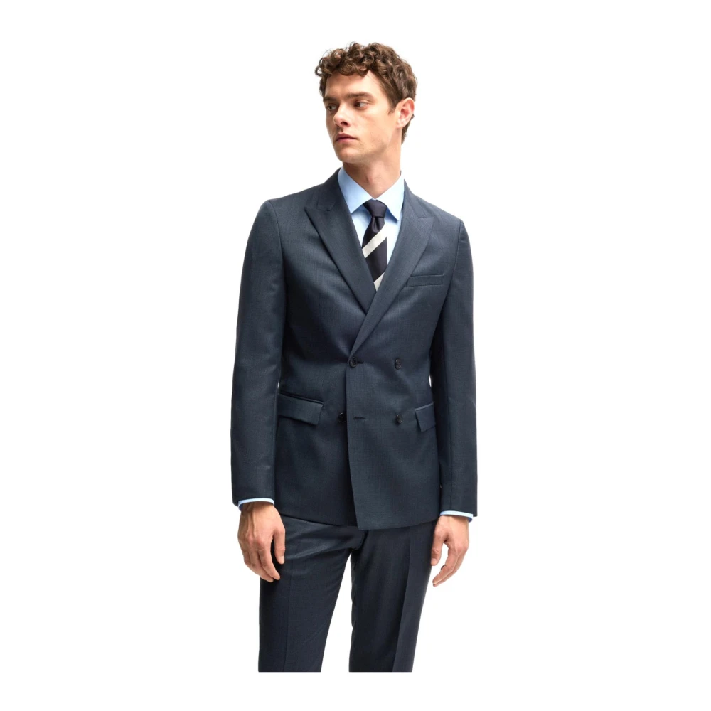Hugo Boss Slim Fit Wol Double-Breasted Pak Blauw Blue Heren