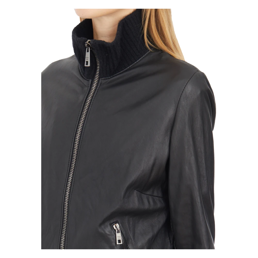 Giorgio Brato Hoge hals leren bomberjack Black Dames