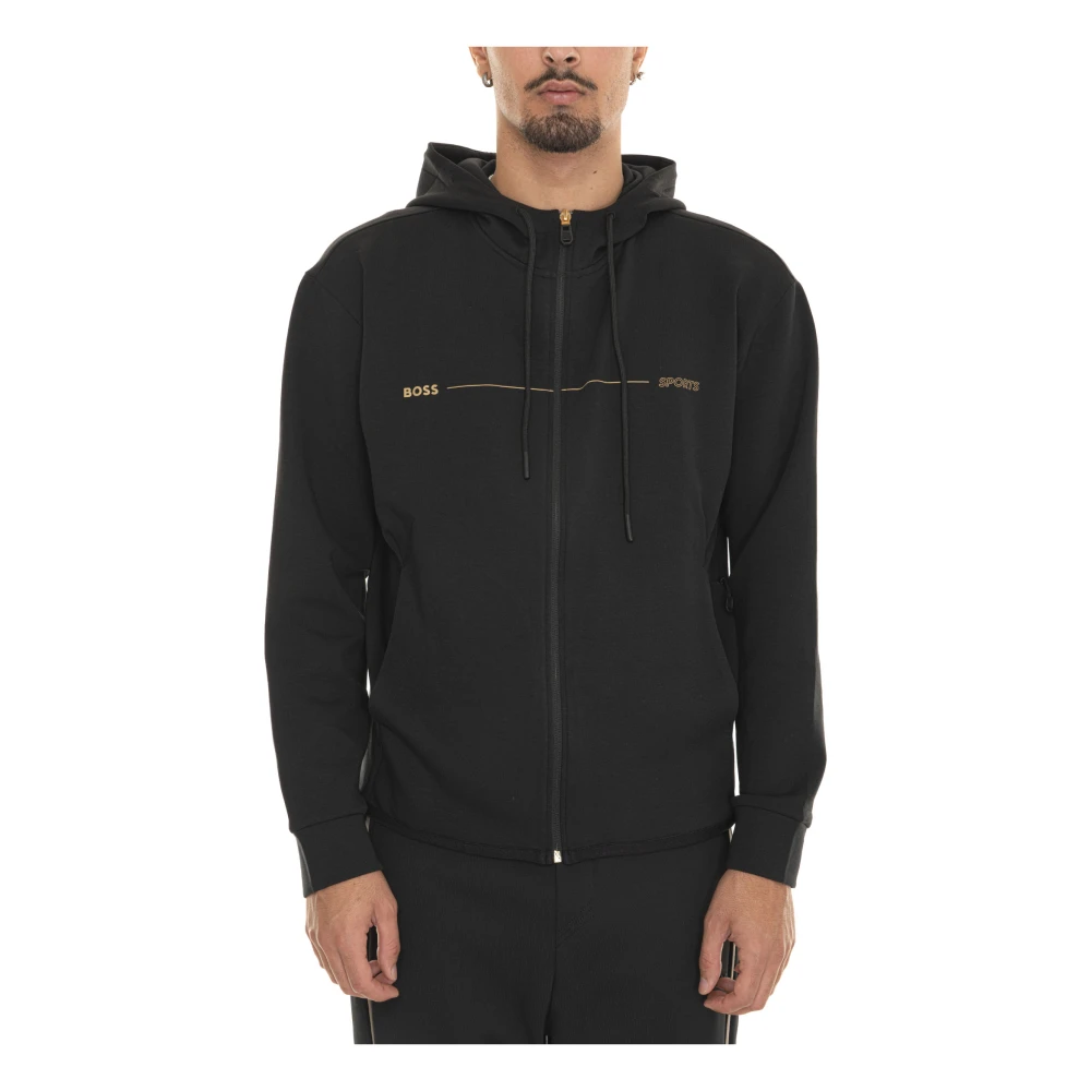 Boss Gestoffeerd Logo Hoodie met Rits Black Heren