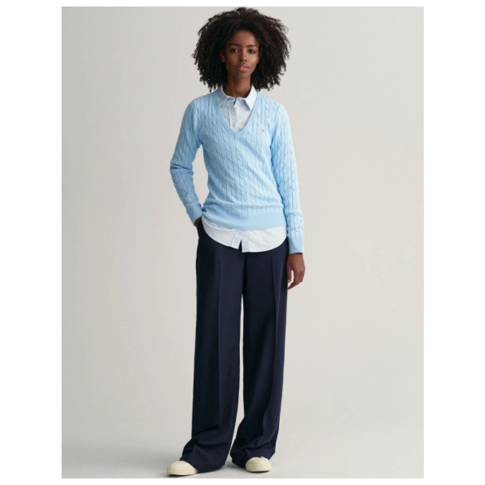 Gant Gebreide katoenen V-hals trui Blue Dames