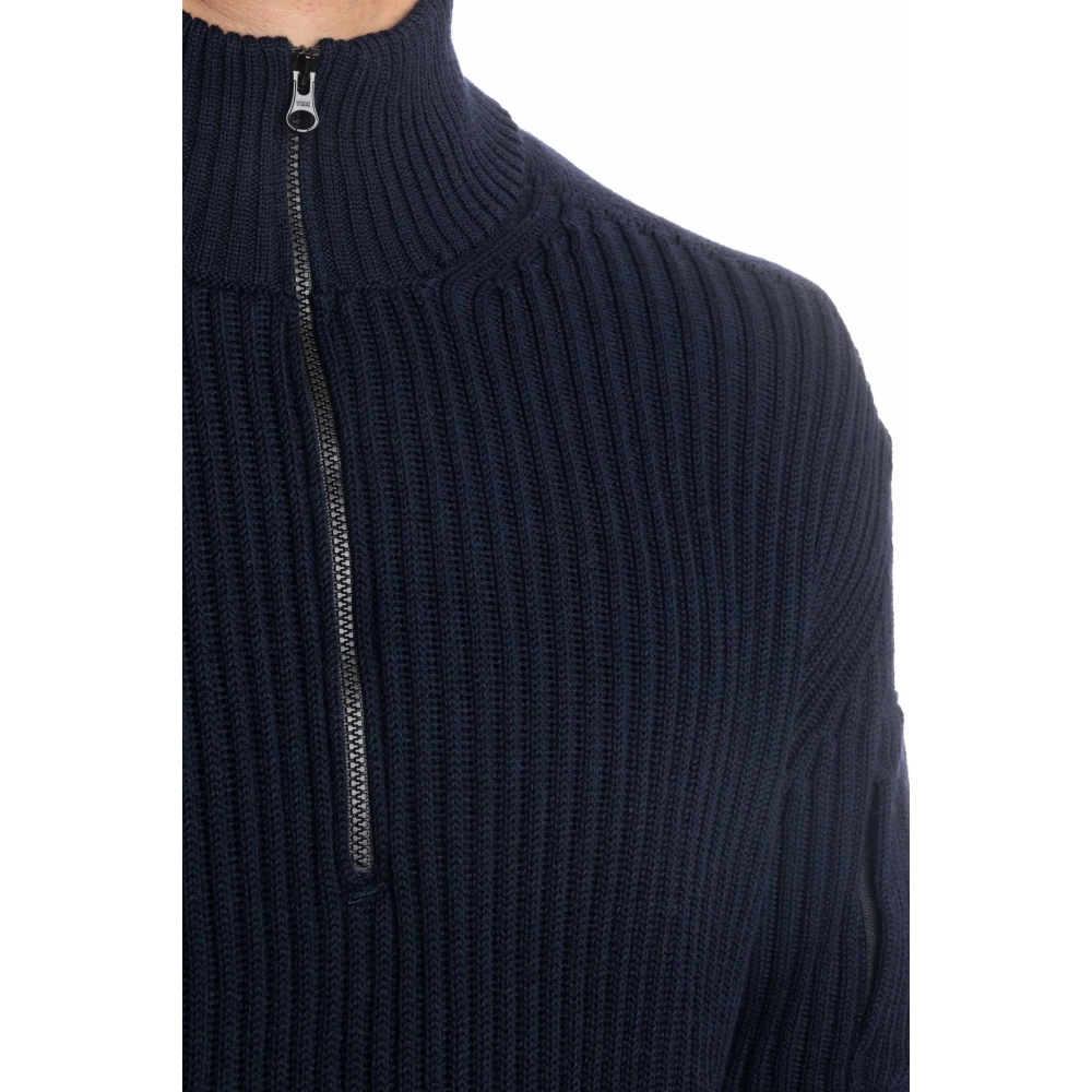 C.P. Company Blauwe Geribbelde Trui met Kwart Rits Blue Heren