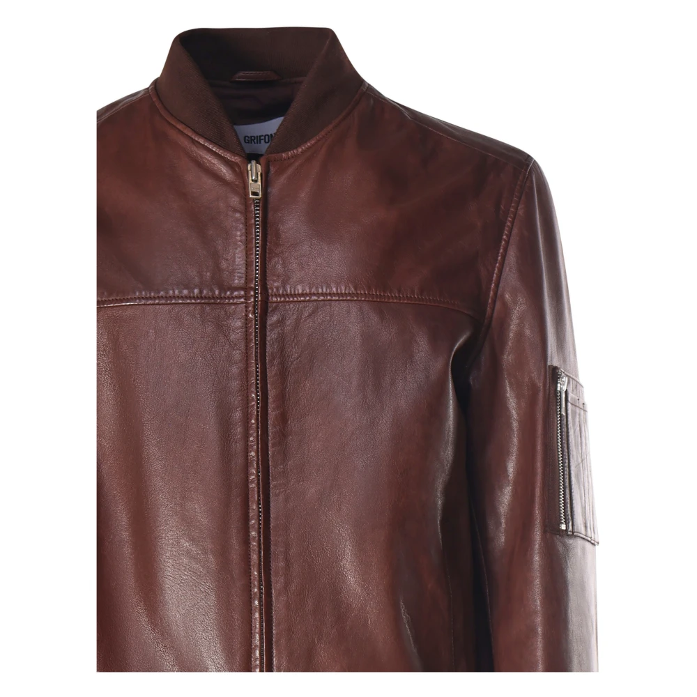 Mauro Grifoni Bruine Leren Jas Rits Sluiting Brown Heren