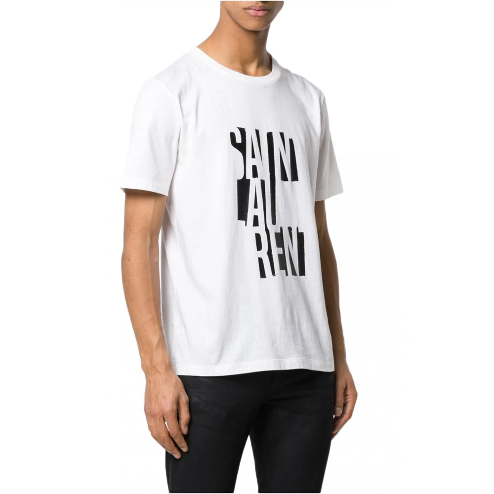 Saint Laurent Katoenen Logo T-shirt Wit Ronde Hals Korte Mouw White Heren