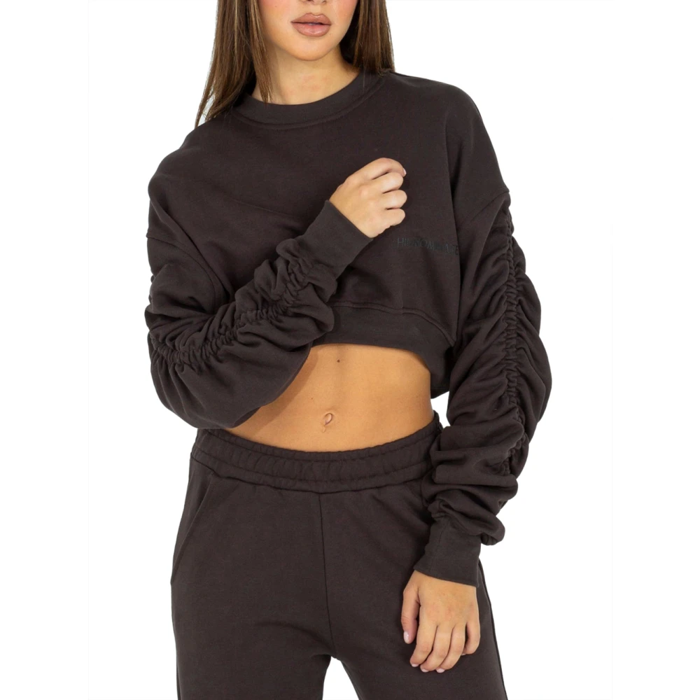 Hinnominate Trendy Casual Ruffled Sleeve Crop Sweatshirt Brown Dames